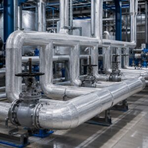 Sistema de aislamiento térmico para tuberías industriales con media caña de perlita expandida y recubrimiento metálico.
