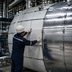 Instalación de block de perlita expandida y silicato de sodio sobre un tanque industrial para aislamiento térmico de alta temperatura.
