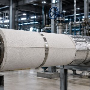 Instalación de media caña de perlita expandida y silicato de sodio en una tubería industrial para aislamiento térmico.