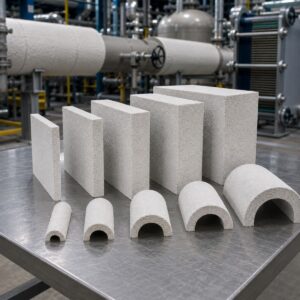 Diferentes espesores de block y media caña de perlita expandida utilizados para aislamiento térmico industrial.