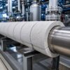 Media caña de perlita expandida y silicato de sodio instalada en tuberías para aislamiento térmico industrial de alta temperatura.