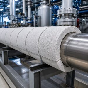 Media caña de perlita expandida y silicato de sodio instalada en tuberías para aislamiento térmico industrial de alta temperatura.